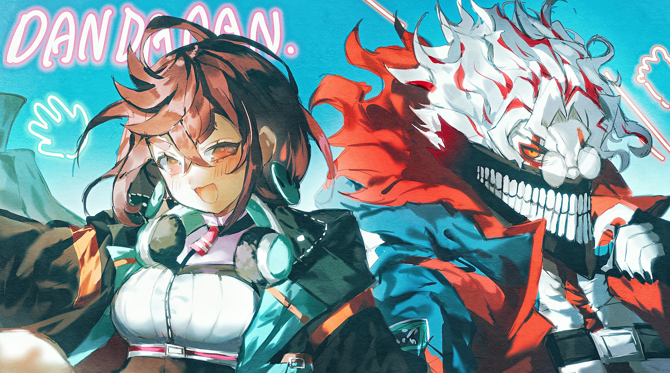 de557777, ayase momo, takakura ken (dandadan), takakura ken (transformed) (dandadan), dandadan, highres, 1boy, 1girl, black gloves, black nails, blue jacket, blush, breasts, brown eyes, brown hair, copyright name, crossed bangs, earrings, facial mark, fingerless gloves, glasses, gloves, hair between eyes, headphones, headphones around neck, jacket, jewelry, looking at viewer, mask, medium breasts, mouth mask, multicolored hair, official alternate costume, open clothes, open jacket, open mouth, pale skin, red eyes, red hair, round eyewear, short hair, transformation, two-tone hair, upper body, white hair