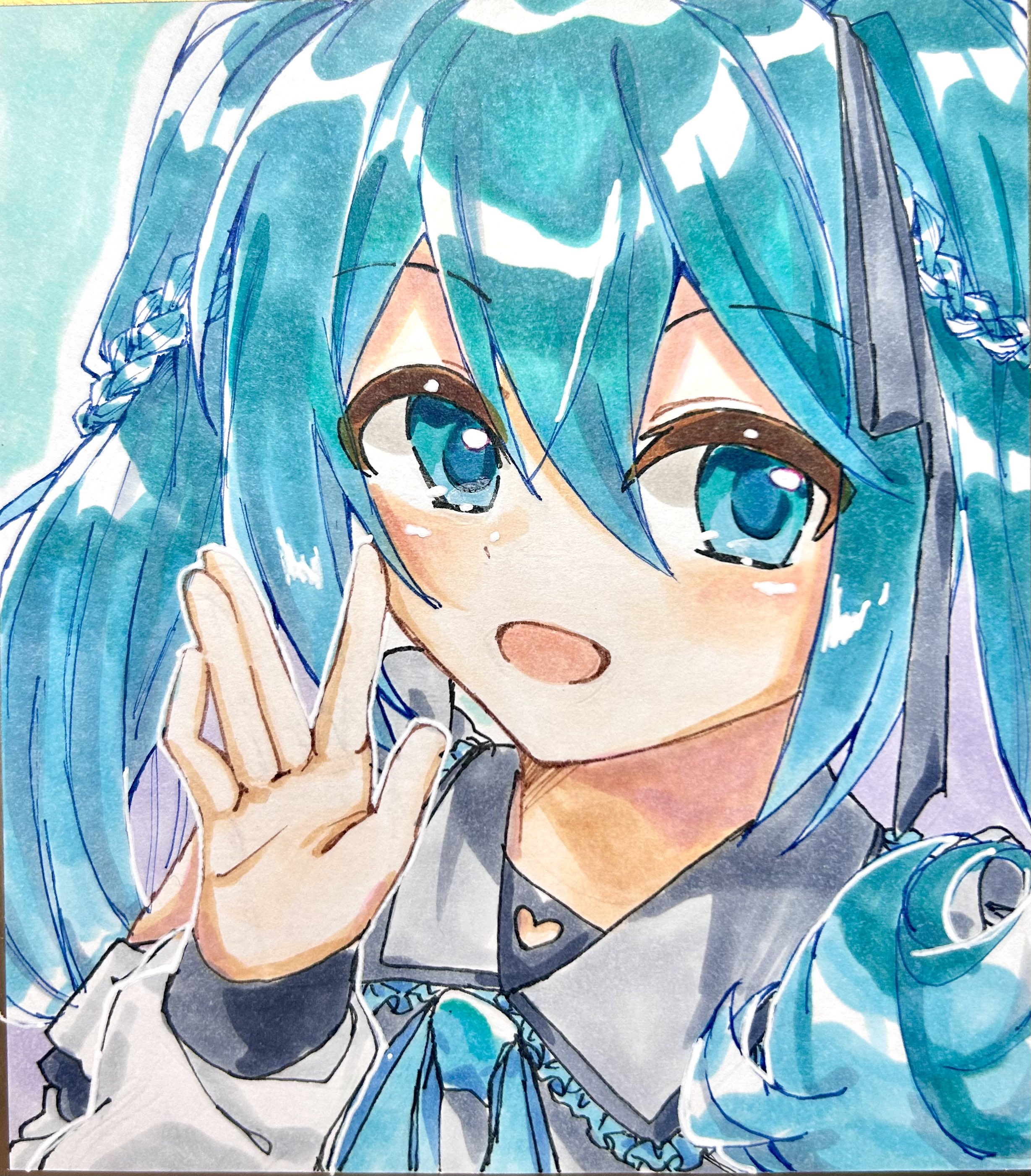 hamano yui, hatsune miku, vocaloid, absurdres, commentary request, highres, traditional media, 1girl, black hair, blue eyes, frilled shirt collar, frills, hand up, idol, long hair, long sleeves, looking at viewer, neck ribbon, open mouth, portrait, ribbon, shikishi, solo