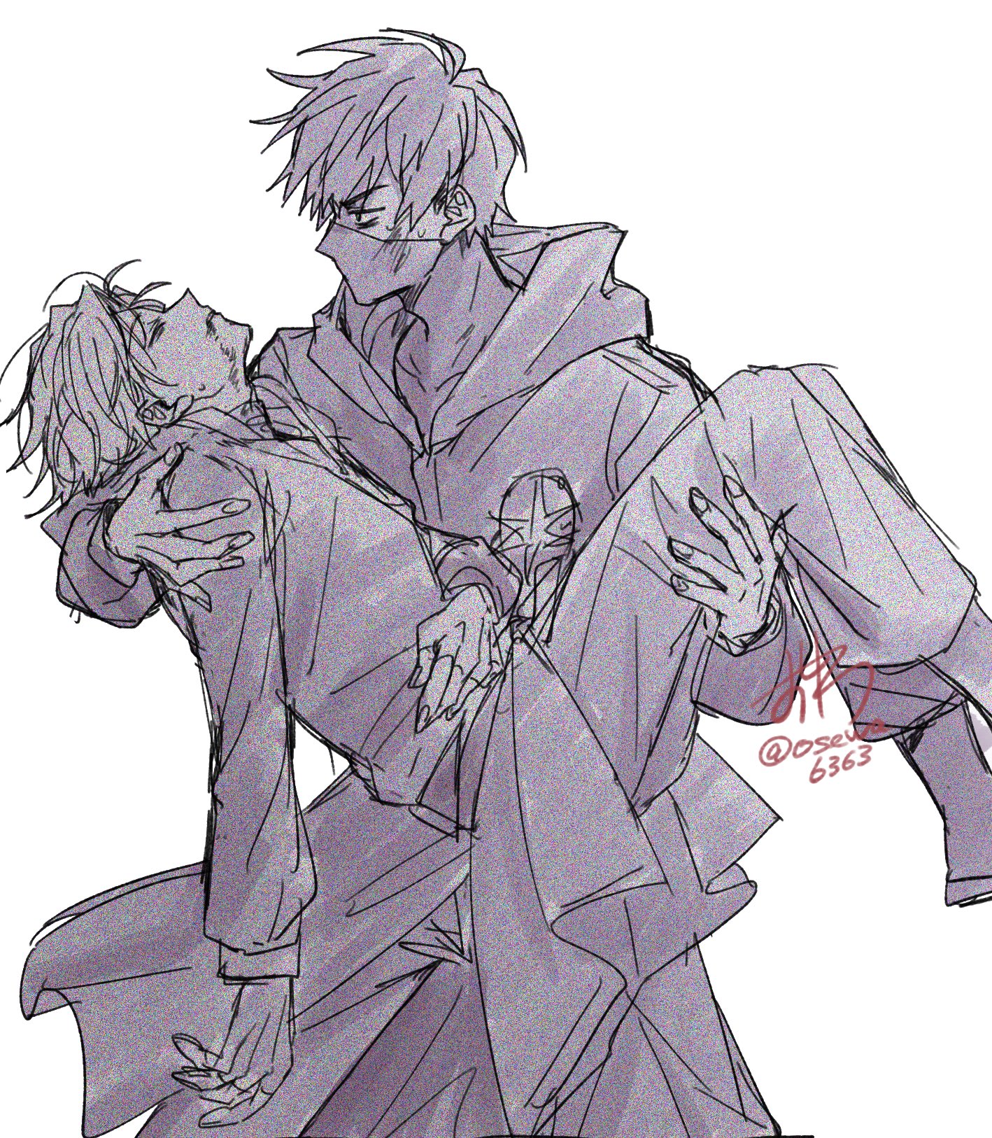 cale henituse, choi han, lout of count's family, commentary request, highres, 2boys, bandages, blood, bruise, carrying, closed eyes, coat, dated, hood, hood down, injury, jacket, jewelry, long sleeves, looking at another, male focus, mask, monochrome, mouth mask, multiple boys, osewa6363, pants, princess carry, ring, scar, short hair, simple background, twitter username, unconscious, white background