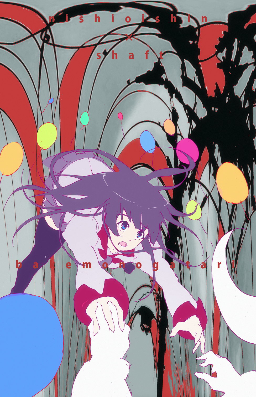 kitano yuusuke, senjougahara hitagi, bakemonogatari, monogatari (series), highres, 00s, 1girl, abstract, blue eyes, female focus, long hair, necktie, purple hair, school uniform, skirt, solo, thighhighs, zettai ryouiki