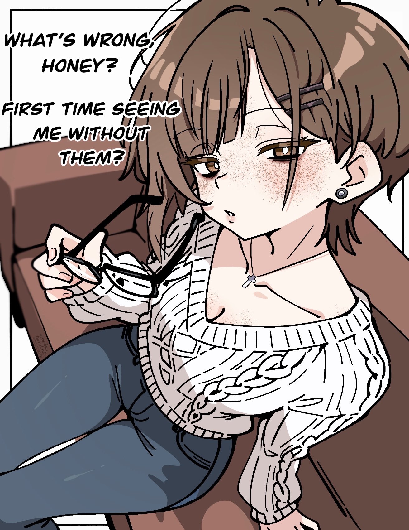 asami-chan, hozuki asami (asami-chan), original, skinny jeans, commentary, english commentary, highres, 1girl, breasts, brown eyes, brown hair, cleavage, collarbone, cross, cross necklace, denim, english text, freckles, from above, hair ornament, hairclip, jewelry, looking at viewer, necklace, no eyewear, parallel hairclips, short hair, sitting, solo, sweater, thighs, white sweater