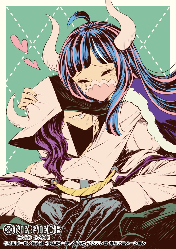 koushi rokushiro, page one (one piece), ulti (one piece), one piece, one piece card game, commentary request, official art, > <, 1boy, 1girl, ahoge, blue cape, blue eyes, blunt bangs, blush, cape, closed eyes, copyright name, eyelashes, gloves, green background, hair over one eye, hat, heart, horns, hug, hug from behind, long hair, long sleeves, mask, mouth mask, purple hair, shirt, sweatdrop, two-tone hat, white shirt