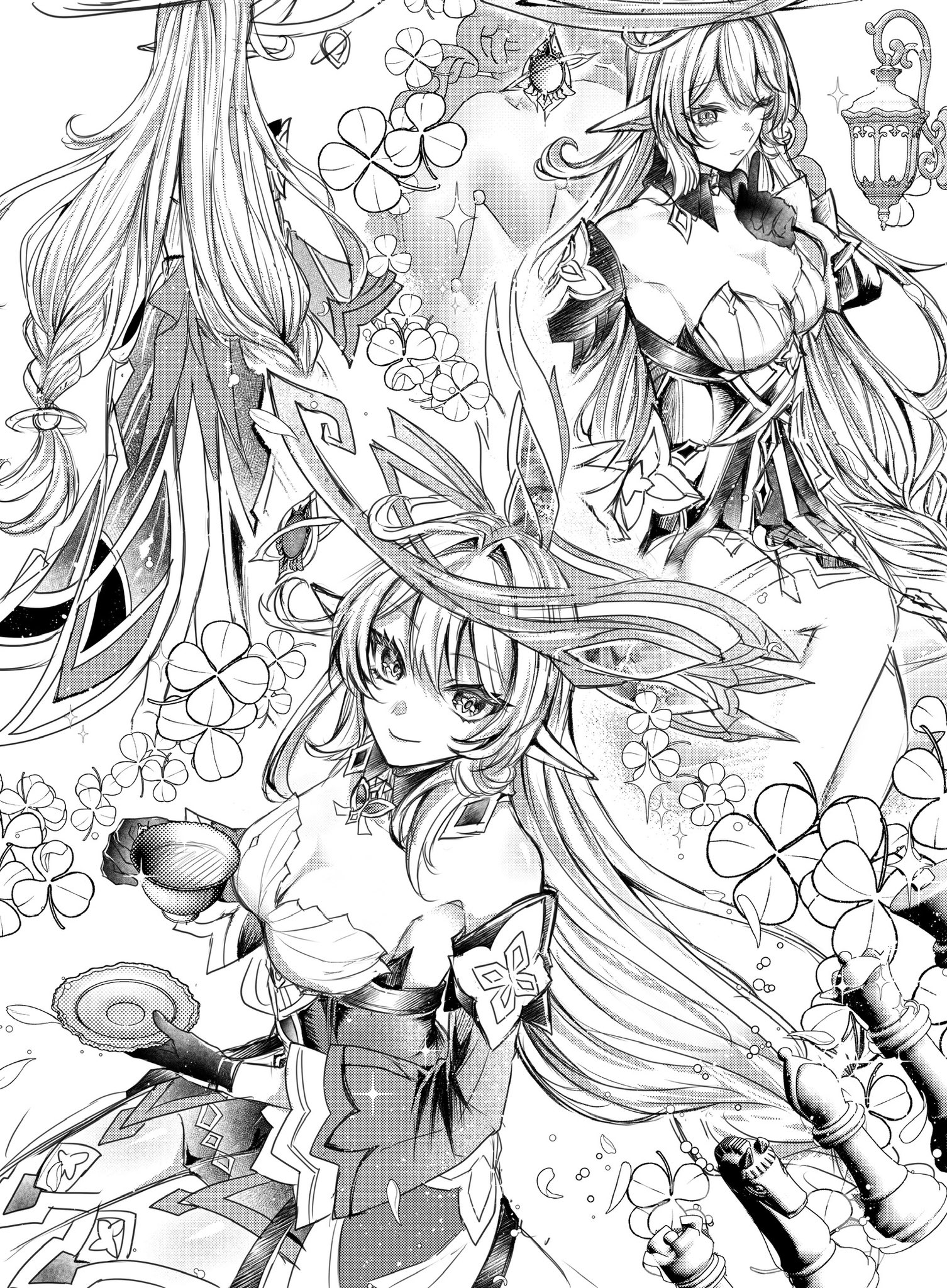 alice (genshin impact), genshin impact, breasts, chess piece, cleavage, clover, cup, dress, elf, gloves, hair ornament, lantern, large breasts, long hair, pointy ears, teacup, thighhighs