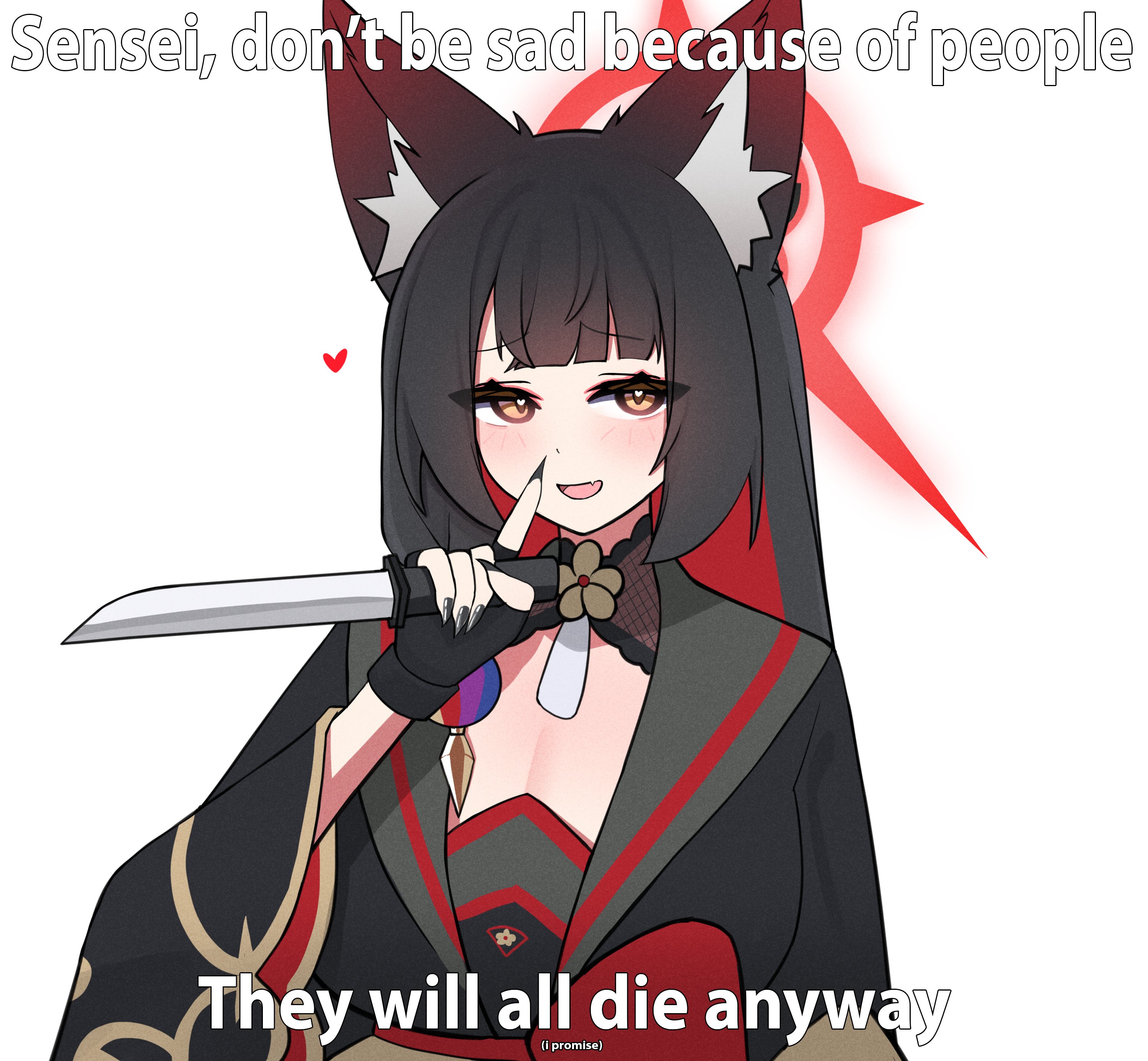 silenzuka, wakamo (blue archive), blue archive, absurdres, highres, 1girl, animal ear fluff, animal ears, black gloves, black hair, black kimono, blush, colored inner hair, dagger, fingerless gloves, fox ears, fox girl, gloves, halo, holding, holding dagger, holding knife, holding weapon, japanese clothes, kimono, knife, looking at viewer, multicolored hair, red hair, red halo, red sash, sash, solo, two-tone hair, weapon, yellow eyes