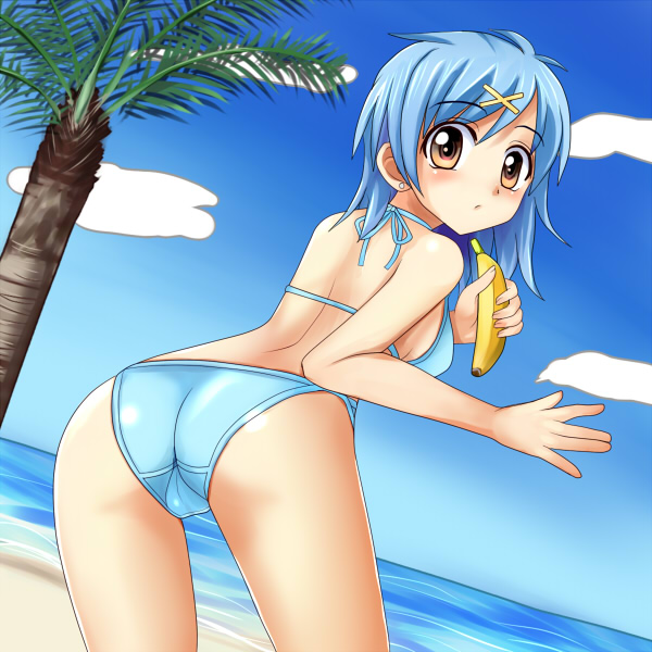 miru, houshou hanon, mermaid melody pichi pichi pitch, bad id, bad pixiv id, 00s, 1girl, ass, banana, beach, bikini, blue hair, brown eyes, day, dutch angle, female focus, food, fruit, holding, holding food, holding fruit, short hair, solo, swimsuit