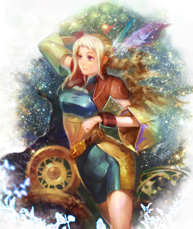 kaiseki, penelo, final fantasy, final fantasy xii, 00s, 1girl, blonde hair, blue eyes, braid, dancing, female focus, smile, solo, twin braids