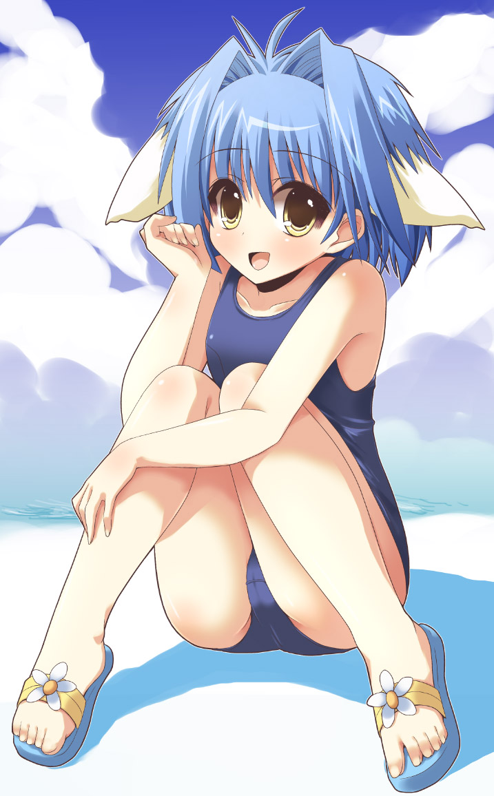 shinshin, mint blancmanche, galaxy angel, 00s, 1girl, animal ears, blue hair, blush, brown eyes, cloud, feet, female focus, happy, loli, looking at viewer, one-piece swimsuit, outdoors, sandals, school swimsuit, short hair, sky, solo, swimsuit, yellow eyes