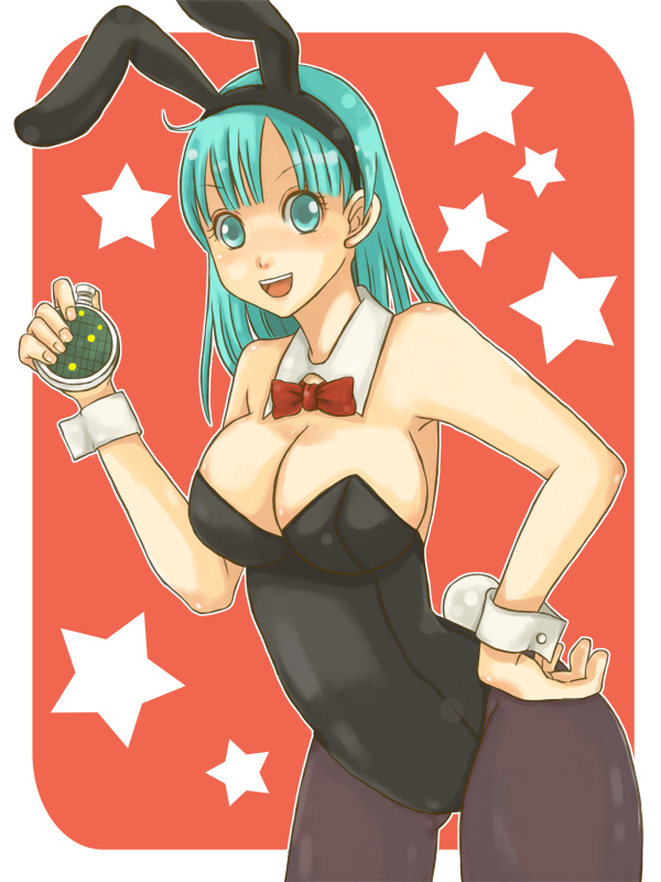 cord-yoshikazu, bulma, dragon ball, animal ears, aqua eyes, aqua hair, black leotard, dragon radar, fake animal ears, leotard, pantyhose, playboy bunny, rabbit ears, radar, short hair