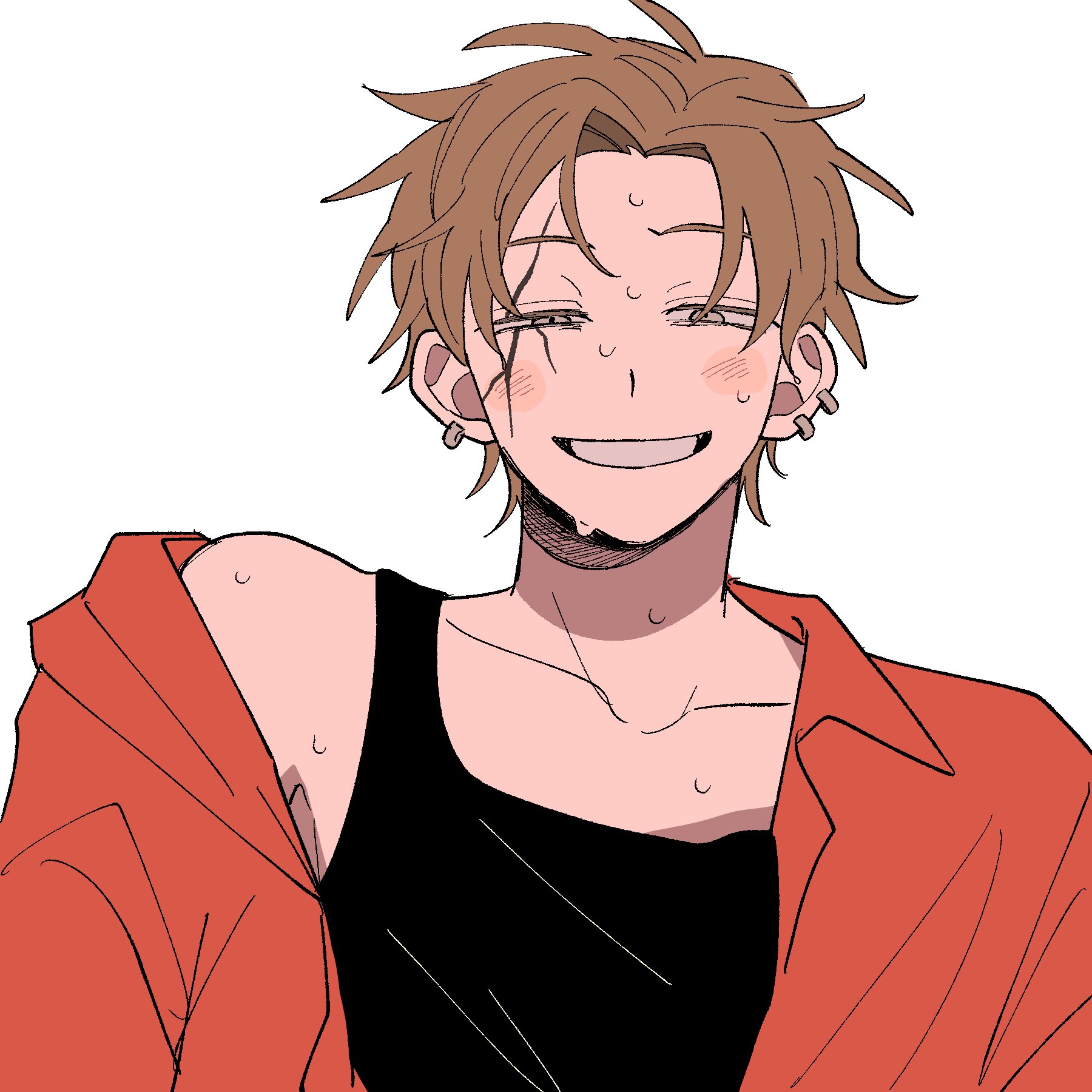 inusuki kogeta, takami ryuki, futsuu no keion-bu, highres, 1boy, black tank top, blush, brown eyes, brown hair, collarbone, earrings, facepaint, grin, half-closed eyes, jacket, jewelry, male focus, parted bangs, red jacket, simple background, single bare shoulder, single off shoulder, smile, solo, sweat, tank top, upper body, white background