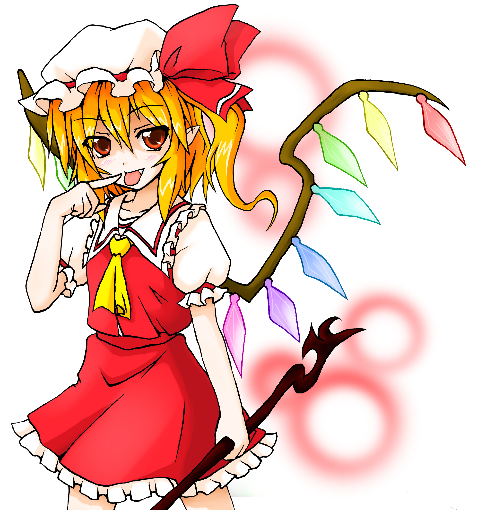 eku, blues, flandre scarlet, touhou, bad id, bad pixiv id, highres, 1girl, blonde hair, blouse, blush, collared shirt, fang, female focus, hair between eyes, hat, mob cap, pointy ears, red eyes, shirt, solo, white hat, white shirt