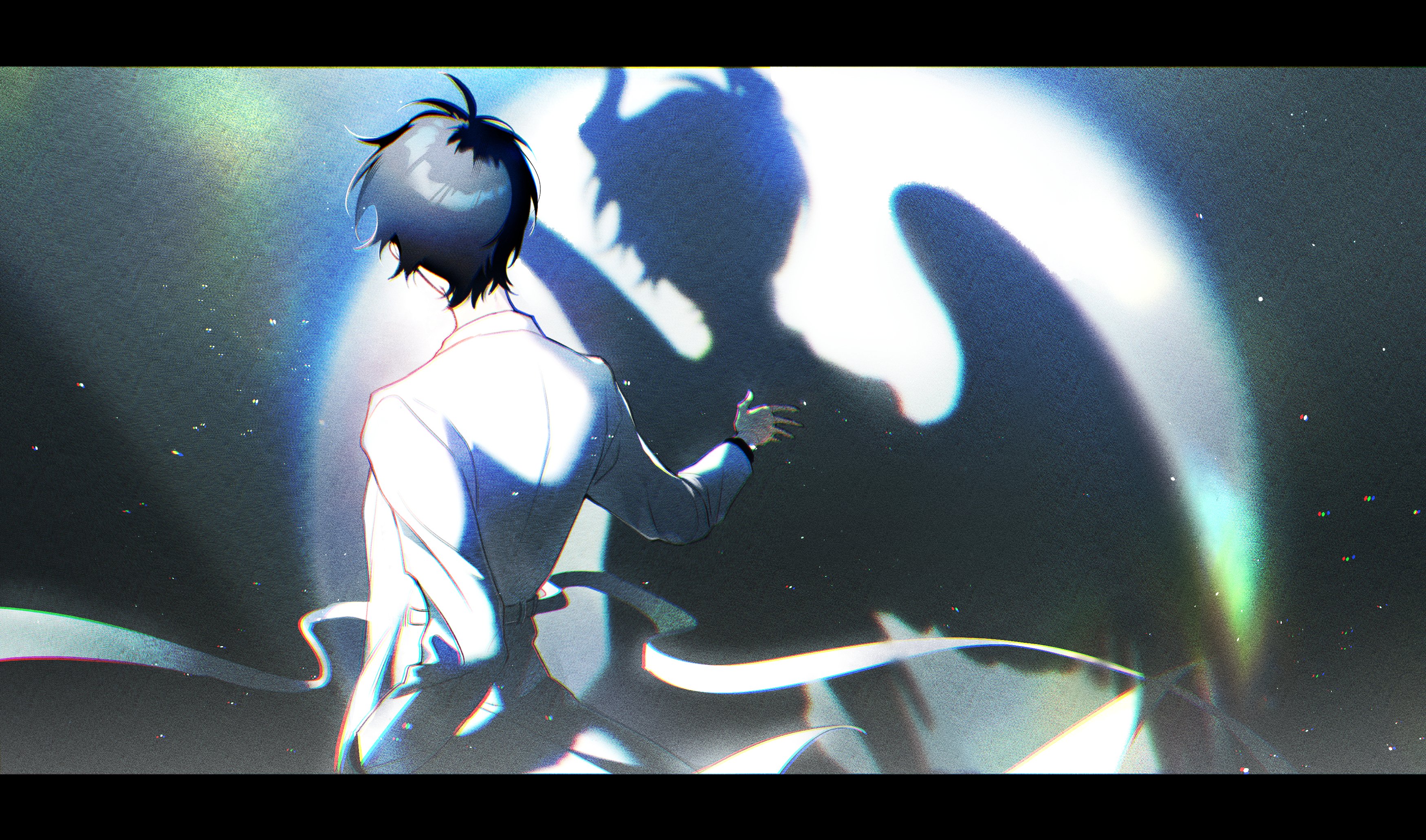 elzfbrvsnr30247, kim dokja, omniscient reader's viewpoint, absurdres, commentary, english commentary, highres, 1boy, black hair, coat, cowboy shot, demon horns, different shadow, dragging, hand in pocket, hand on wall, horns, lens flare, letterboxed, light particles, male focus, official alternate costume, open clothes, open coat, outstretched arm, short hair, solo, white coat, wings