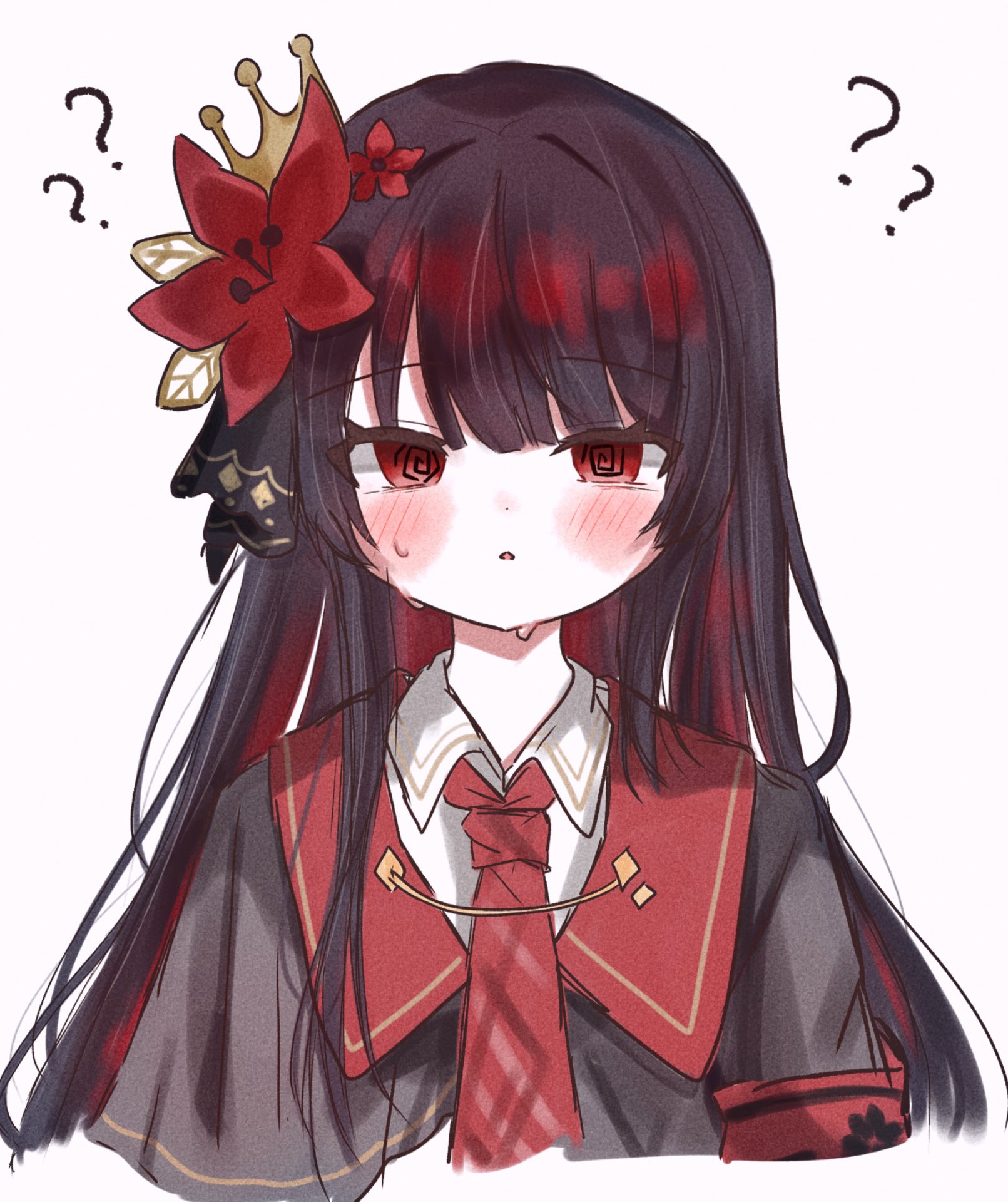 nikaido hiro, mahou shoujo no majo saiban, commentary request, highres, 1girl, ?, @ @, armband, black hair, blush, collar chain (jewelry), collared shirt, cropped torso, crown, flower, grey jacket, hair flower, hair ornament, jacket, looking at viewer, mini crown, myua (wan wan 00xx), necktie, parted lips, red armband, red eyes, red necktie, shirt, simple background, solo, sweat, upper body, white background, white shirt