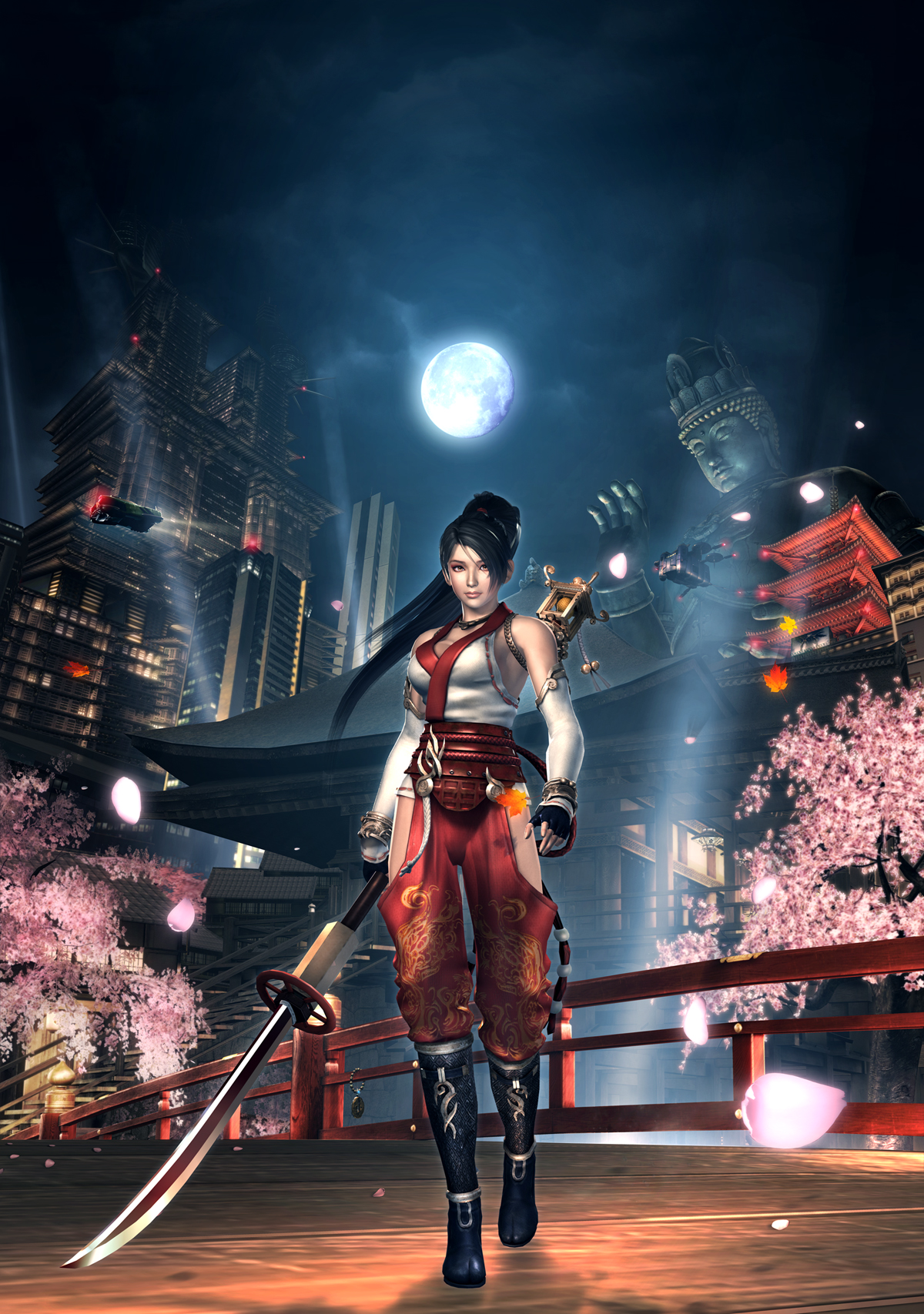 momiji (ninja gaiden), ninja gaiden, ninja gaiden: dragon sword, ninja gaiden sigma, ninja gaiden sigma 2, tecmo, highres, official art, 1girl, 3d, architecture, black hair, boots, breasts, bridge, brown eyes, cherry blossoms, city, detached sleeves, east asian architecture, female focus, fingerless gloves, gloves, japanese clothes, large breasts, long hair, moon, naginata, pagoda, polearm, ponytail, solo, statue, weapon
