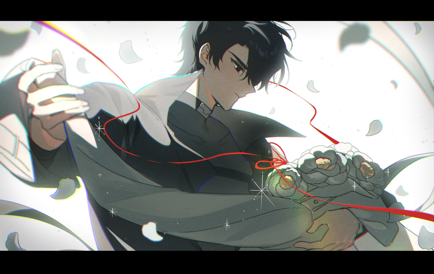 elzfbrvsnr30247, kim dokja, yoo joonghyuk, omniscient reader's viewpoint, commentary, english commentary, flower request, highres, 1boy, black coat, black eyes, black hair, coat, falling petals, holding, holding unworn clothes, letterboxed, looking at viewer, open clothes, open coat, outstretched arm, petals, plantification, popped collar, serious, short hair, solo, string, string of fate, white coat