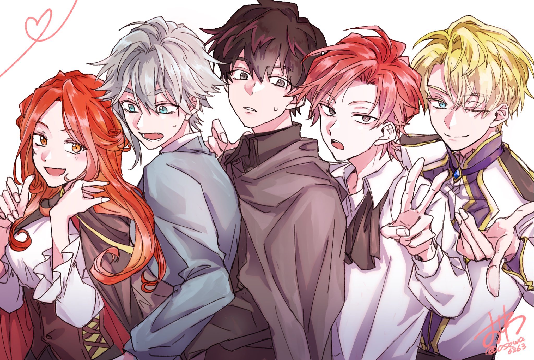 alberu crossman, cale henituse, choi han, rosalyn (lout of count's family), lout of count's family, commentary request, highres, 1girl, 4boys, ascot, black hair, blonde hair, blue eyes, brown cape, brown cloak, brown hair, cape, cloak, grey eyes, grey hair, lock (lout of count's family), long hair, long sleeves, looking at viewer, multiple boys, one eye closed, open mouth, osewa6363, red hair, shirt, short hair, simple background, smile, v, white background, yellow eyes