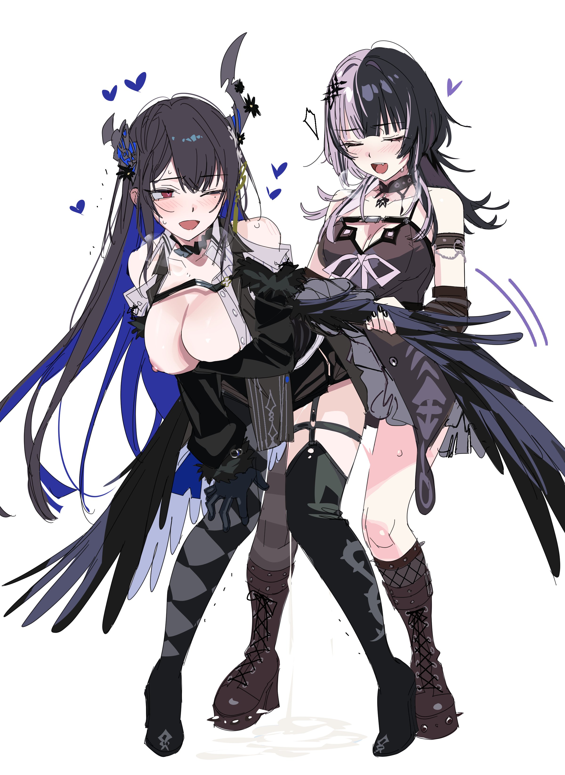 yomosaka, nerissa ravencroft, nerissa ravencroft (1st costume), shiori novella, shiori novella (1st costume), hololive, hololive english, absurdres, commentary, highres, symbol-only commentary, 2girls, argyle clothes, argyle pantyhose, arm strap, arm under breasts, asymmetrical horns, asymmetrical legwear, black boots, black choker, black dress, black flower, black gloves, black hair, black horns, black nails, black skirt, black socks, black thighhighs, blue hair, blush, boots, breasts, breath, chest belt, choker, closed eyes, clothed sex, colored inner hair, cum, demon horns, dress, feathered wings, flower, futa with female, futanari, gloves, grey hair, hair ornament, heart, horn flower, horns, implied futanari, large breasts, long hair, low wings, mismatched legwear, mole, mole under eye, motion lines, multicolored hair, multiple girls, nipples, one breast out, one eye closed, open mouth, red eyes, sex, sex from behind, shirt, single leg pantyhose, single sock, single thighhigh, skirt, socks, spiked boots, split-color hair, standing, standing sex, striped arm warmers, striped clothes, striped thighhighs, sweat, tassel, tassel hair ornament, thighhighs, two-tone hair, uneven horns, uneven legwear, very long hair, virtual youtuber, white background, white shirt, wings