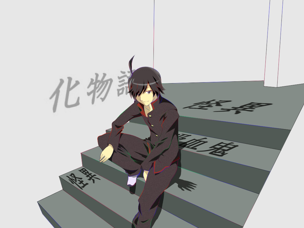 araragi koyomi, bakemonogatari, monogatari (series), 00s, 1boy, ahoge, black hair, male focus, open clothes, open shirt, school uniform, shirt, short hair, sitting, sitting on stairs, solo, stairs