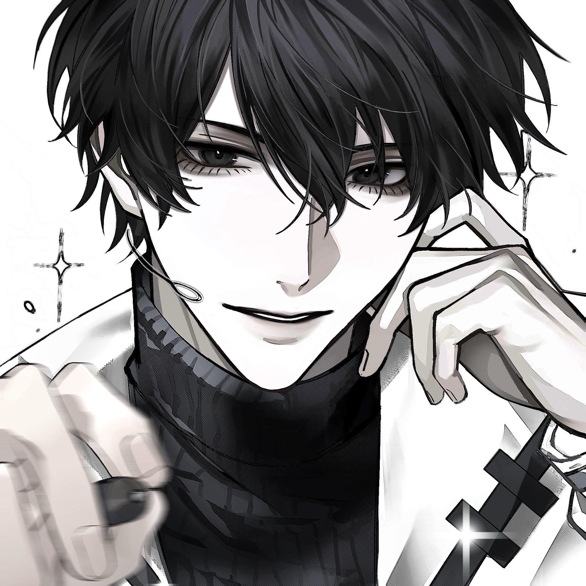 kim dokja, omniscient reader's viewpoint, commentary, highres, symbol-only commentary, 1boy, aegyo sal, black eyes, black hair, black shirt, chouxin233, coat, fourth wall, grin, hand on own chin, headset, high collar, holding, holding pen, looking at viewer, male focus, microphone, open clothes, open coat, parted lips, pen, portrait, shirt, short hair, smile, solo, white coat