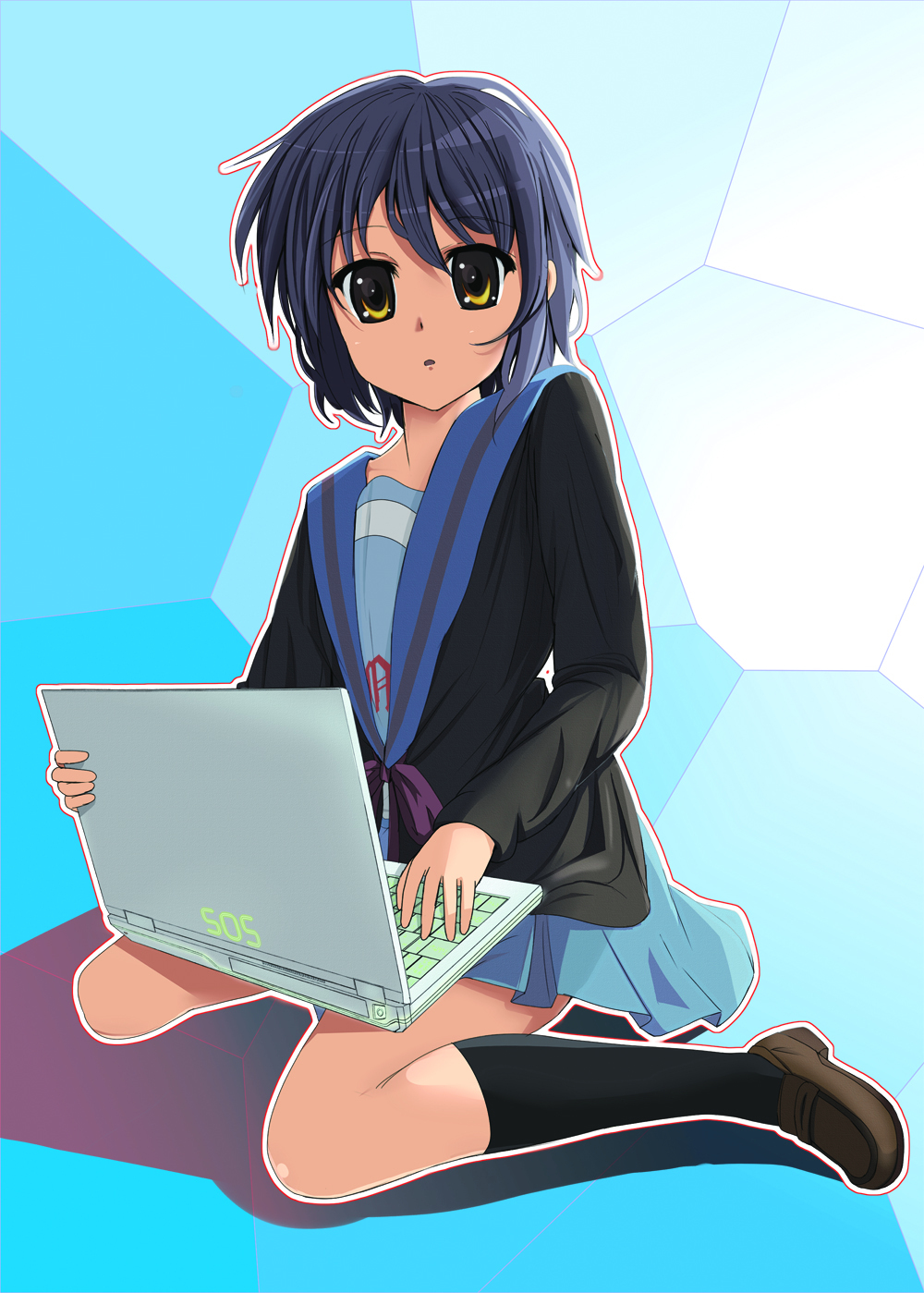 ebibaachan, nagato yuki, suzumiya haruhi no yuuutsu, bad id, bad pixiv id, highres, 00s, 1girl, blue hair, cardigan, computer, computer keyboard, female focus, laptop, school uniform, serafuku, short hair, solo, yellow eyes