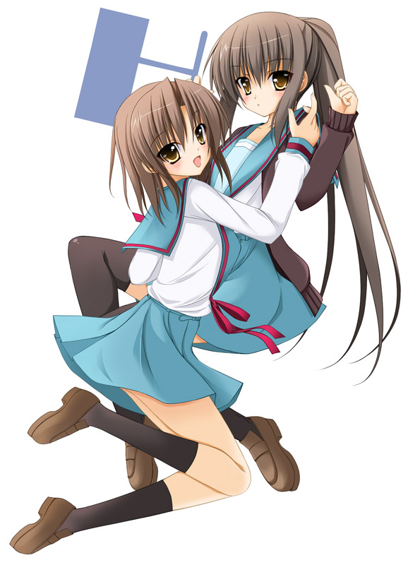 tomosuke, koizumi itsuki (female), kyonko, suzumiya haruhi no yuuutsu, 00s, 2girls, brown eyes, brown hair, cardigan, genderswap, genderswap (mtf), long hair, multiple girls, ponytail, school uniform, serafuku, short hair, thighhighs