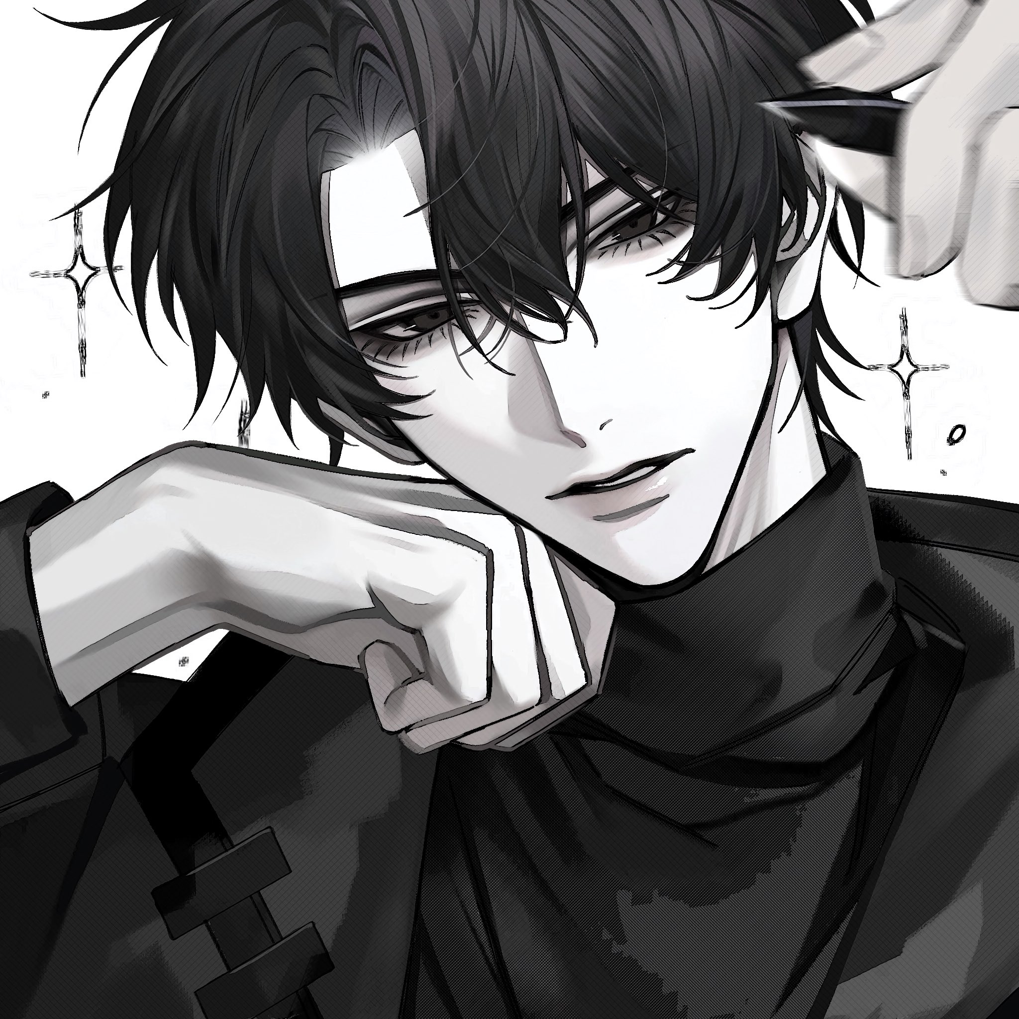 yoo joonghyuk, omniscient reader's viewpoint, commentary, highres, symbol-only commentary, 1boy, aegyo sal, black coat, black eyes, black hair, black shirt, chouxin233, coat, grin, hair between eyes, hand on own chin, hand up, head rest, head tilt, high collar, holding, holding pen, looking at viewer, male focus, open clothes, open coat, parted lips, pen, portrait, shirt, short hair, smile, solo