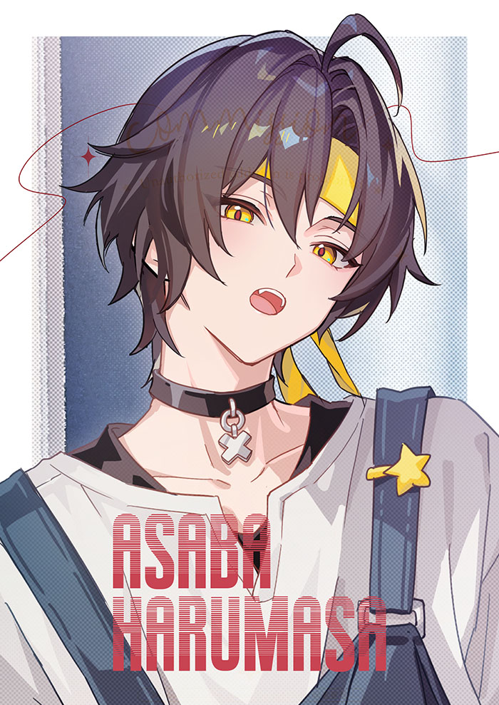 orsat, asaba harumasa, zenless zone zero, commentary request, commission, 1boy, ahoge, black choker, black hair, blue background, blue overalls, border, character name, choker, collarbone, head tilt, headband, looking at viewer, male focus, open mouth, overalls, parted bangs, portrait, shirt, short hair, solo, star pin, teeth, upper teeth only, white border, white shirt, yellow eyes, yellow headband