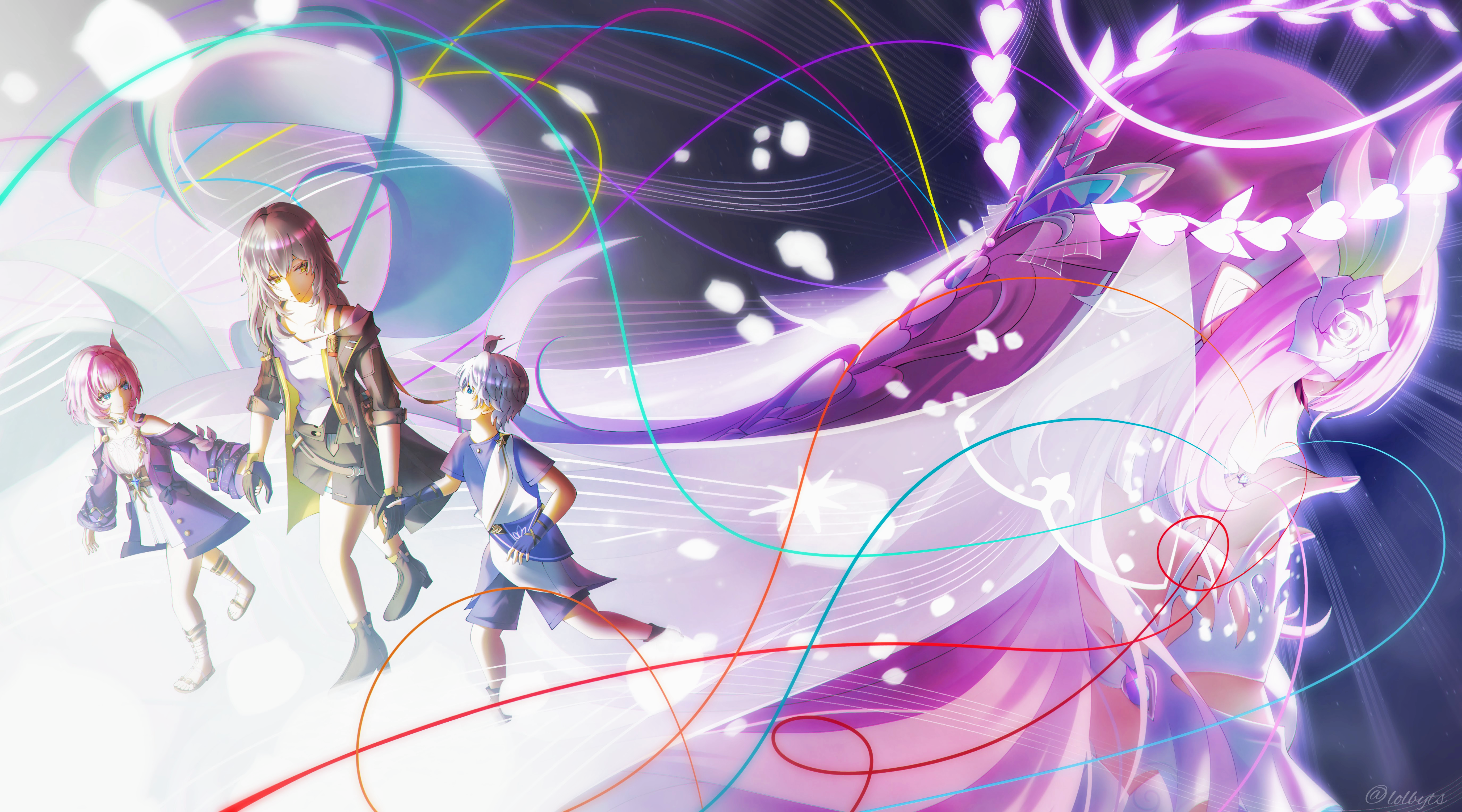 lolbyts, cyrene (aedes elysiae) (honkai: star rail), cyrene (honkai: star rail), cyrene (ripples of past reverie) (honkai: star rail), phainon (honkai: star rail), stelle (honkai: star rail), trailblazer (honkai: star rail), honkai: star rail, honkai (series), absurdres, commentary, highres, 1boy, 3girls, aged down, black jacket, black skirt, closed eyes, coat, dress, gradient hair, grey hair, hair ornament, halo, halo behind head, holding hands, jacket, long hair, multicolored hair, multiple girls, nail polish, pink hair, pink nails, pointy ears, purple coat, shirt, sidelocks, skirt, twitter username, white dress, white shirt