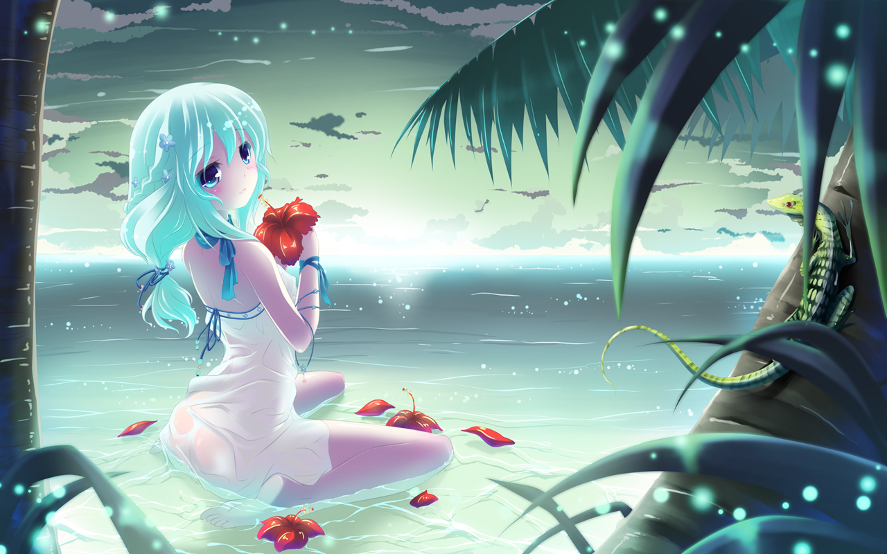 hinasaki you, original, 1girl, barefoot, beach, blue eyes, blue hair, braid, dress, feet, female focus, flower, kneeling, lizard, looking back, matching hair/eyes, petals, ribbon, soles, solo, tree, water, wet, wet clothes