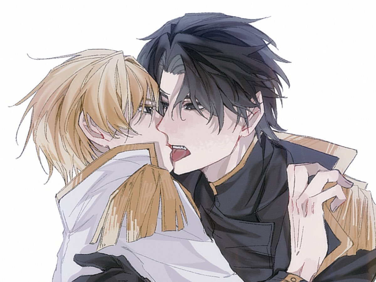 kim dokja, yoo joonghyuk, omniscient reader's viewpoint, 2boys, black coat, black gloves, black hair, blonde hair, chouxin233, coat, epaulettes, gloves, gold trim, hand on another's back, hand on another's shoulder, kiss, male focus, multiple boys, official alternate costume, open clothes, open coat, ricardo von kaizenix, schweichen von kaizenix, short hair, tongue, tongue out, upper body, white coat, yaoi