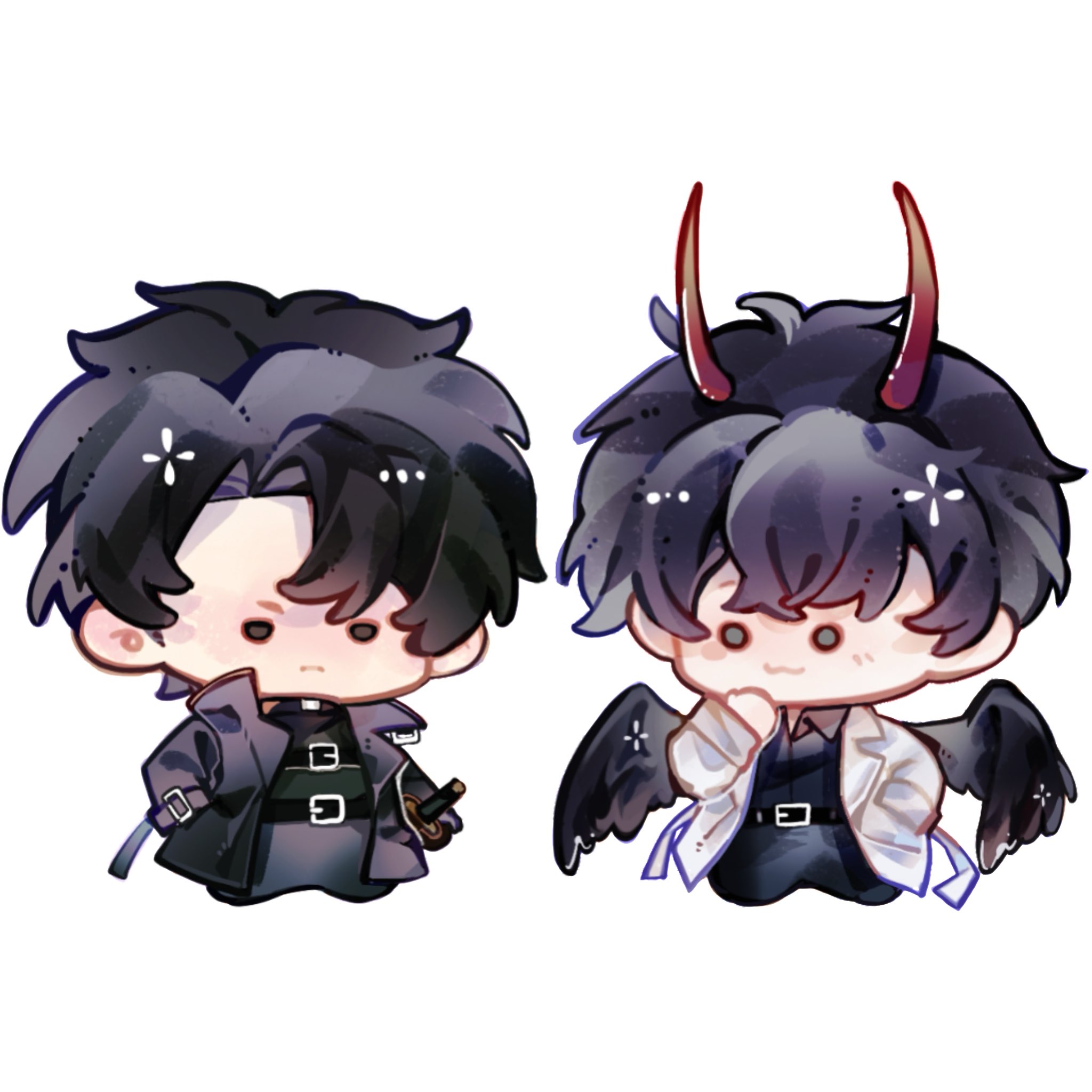 kim dokja, yoo joonghyuk, omniscient reader's viewpoint, commentary, highres, symbol-only commentary, 2boys, :3, black coat, black eyes, black hair, black shirt, black wings, chibi, chibi only, chouxin233, coat, curtained hair, demon horns, double-parted bangs, feathered wings, full body, hair between eyes, hand in pocket, hand on own chin, horns, looking at another, male focus, multiple boys, open clothes, open coat, popped collar, scabbard, sheath, shirt, short hair, white coat, wings