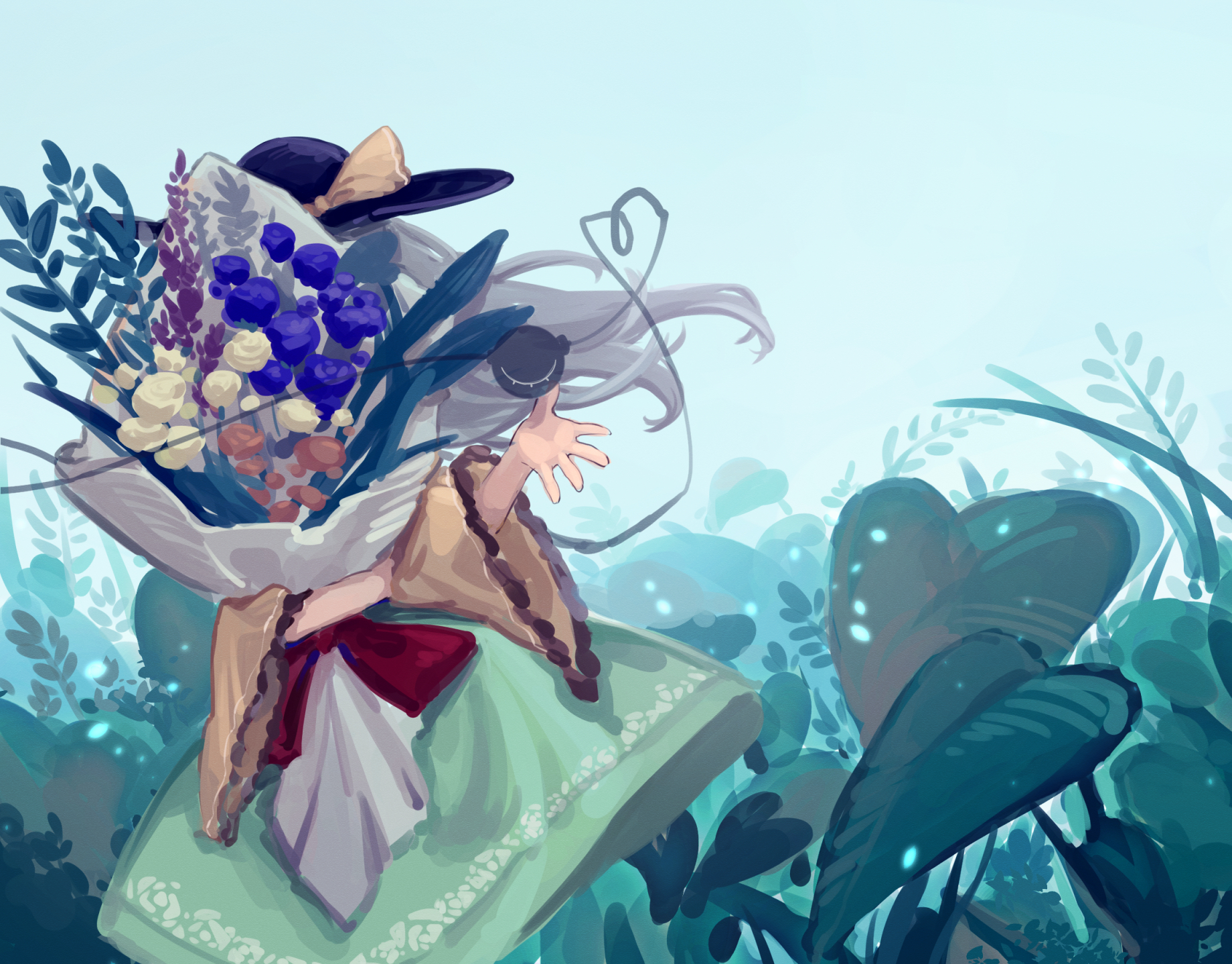 furahata gen, komeiji koishi, touhou, flower request, highres, 1girl, aqua background, black hat, blue flower, blue rose, bouquet, bow, bush, covering face, flower, green hair, green skirt, hat, hat bow, holding, holding bouquet, leaf, long hair, long sleeves, rose, shirt, skirt, solo, third eye, white flower, white rose, wide sleeves, yellow bow, yellow shirt