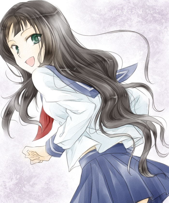 mashiro yuuki, itoshiki rin, sayonara zetsubou sensei, bad id, bad pixiv id, 00s, 1girl, black hair, female focus, green eyes, long hair, looking back, school uniform, serafuku, skirt, smile, solo