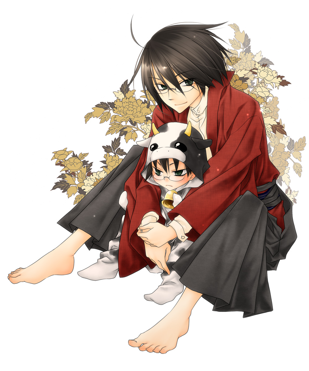 mashiro yuuki, itoshiki majiru, itoshiki nozomu, sayonara zetsubou sensei, highres, 00s, 2009, 2boys, animal costume, barefoot, bell, black hair, boy cow, cow, cow costume, feet, flower, glasses, green eyes, hair between eyes, horns, japanese clothes, kimono, leaf, male focus, multiple boys, new year, short hair, siblings, smile, white background