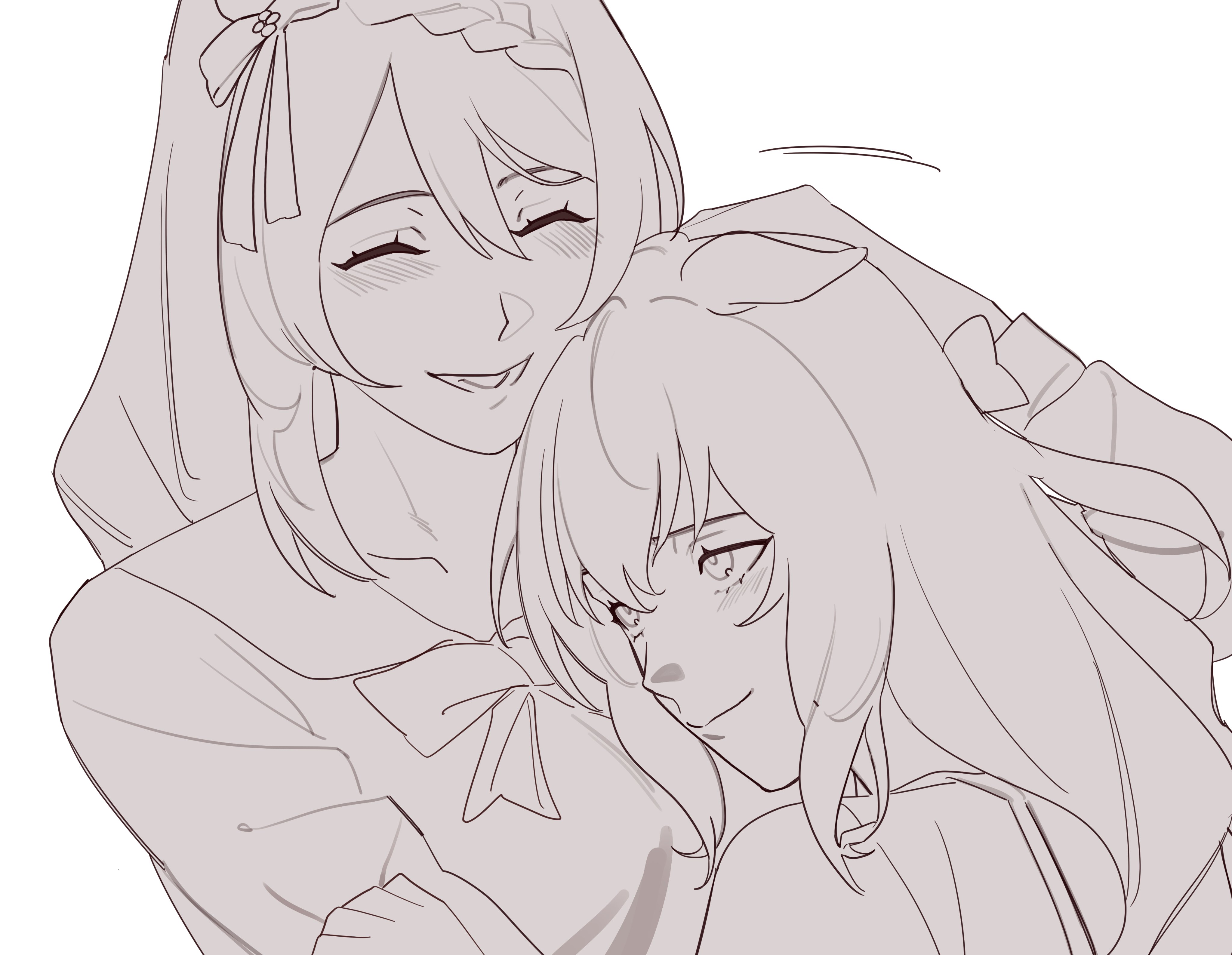 maruzensky (umamusume), super creek (umamusume), umamusume, absurdres, commentary, english commentary, highres, 2girls, :d, ^ ^, animal ears, blush, bow, bowtie, braid, chocoyanstickz, closed eyes, ear ribbon, ears down, happy, head on chest, headpat, heads together, horse ears, horse girl, long hair, monochrome, motion lines, multiple girls, open mouth, sailor collar, sailor shirt, shirt, smile, upper body, yuri