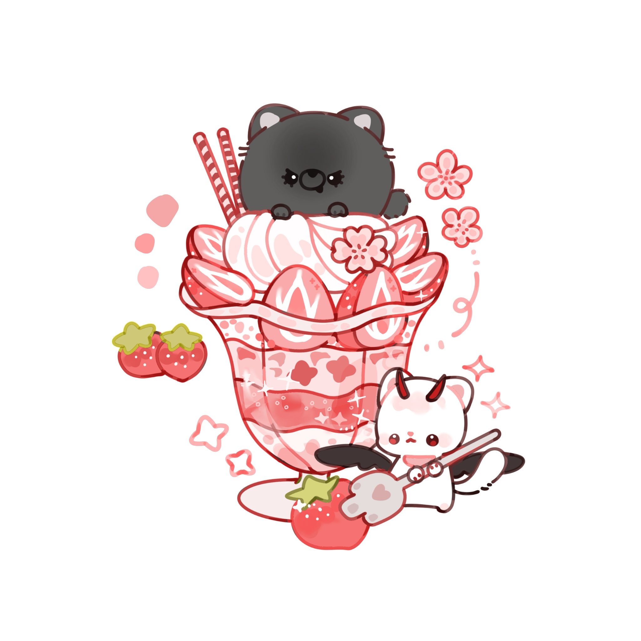 kim dokja, yoo joonghyuk, omniscient reader's viewpoint, commentary request, highres, animalization, black wings, cat, character-themed food, chibi, chibi only, chouxin233, demon horns, feathered wings, flower, food, fruit, horns, no humans, parfait, strawberry, strawberry parfait, wafer stick, whipped cream, wings