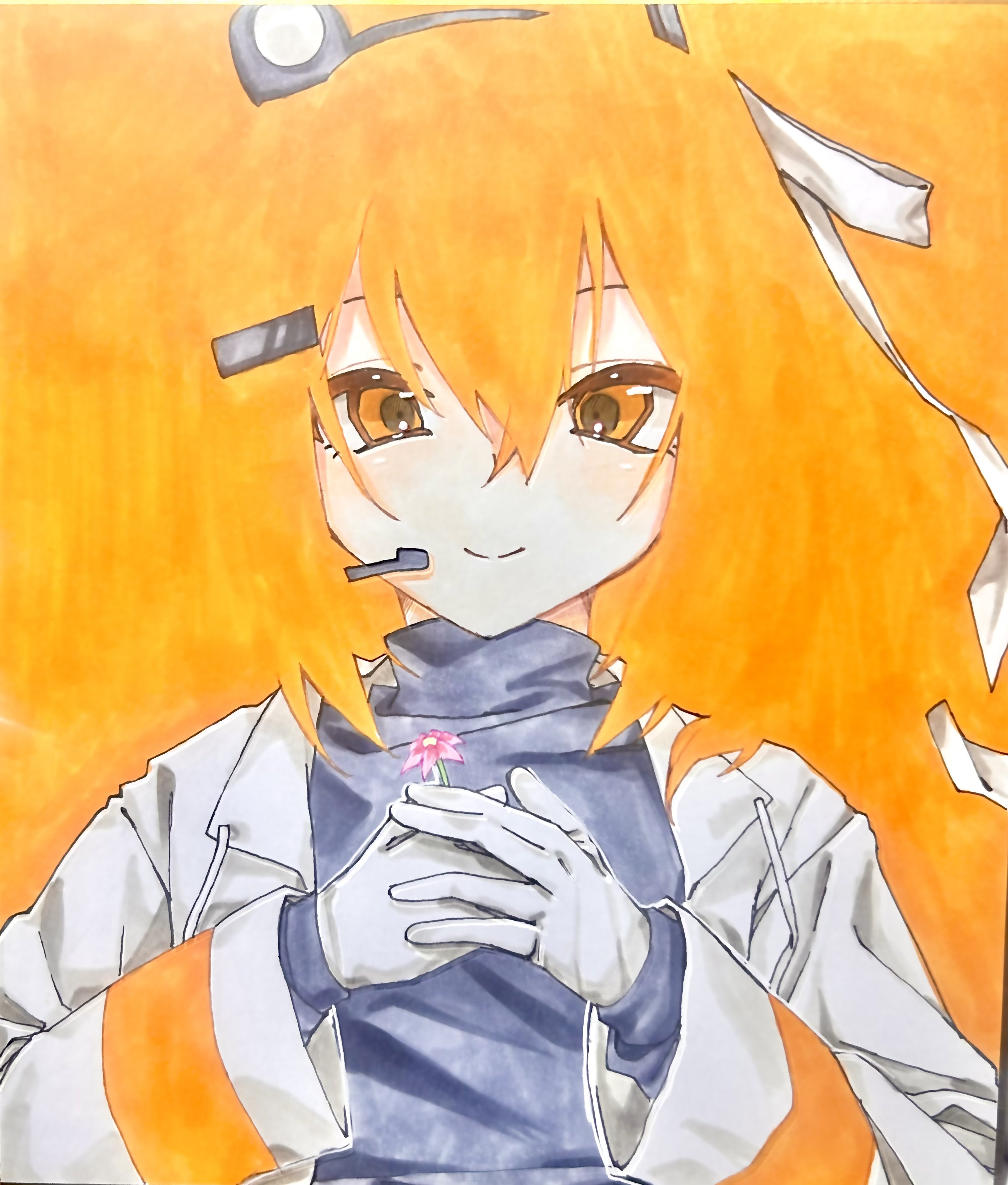 hamano yui, adachi rei, a.i. voice, utau, absurdres, commentary, highres, traditional media, 1girl, black shirt, blending, closed mouth, flower, gloves, hair ornament, hair ribbon, hairclip, headlamp, headset, holding, holding flower, jacket, long hair, long sleeves, looking at viewer, open clothes, open jacket, orange background, orange eyes, orange hair, own hands together, ribbon, shirt, smile, solo, upper body, white gloves, white jacket