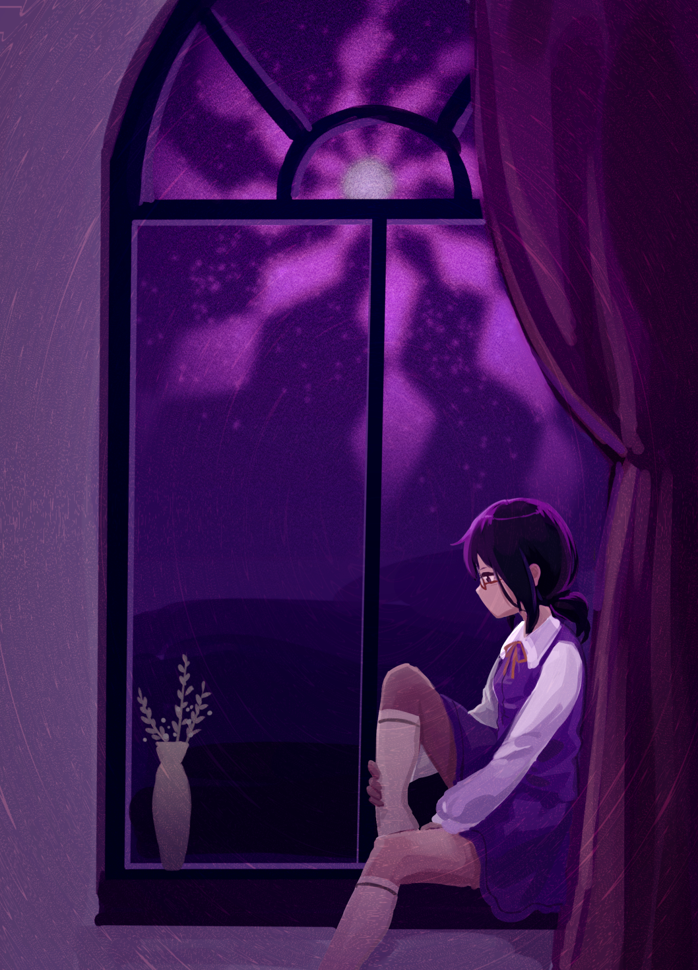 furahata gen, usami sumireko, touhou, highres, 1girl, brown hair, collared shirt, contrast collar, curtains, flower pot, hand on own leg, long sleeves, looking down, moon, night, no mouth, purple shirt, purple skirt, red-framed eyewear, red ribbon, ribbon, shirt, shirt ribbon, sitting, skirt, sleeve cuffs, socks, solo, star (sky), white shirt, white socks, window