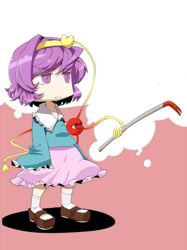 horumon, peptide, komeiji satori, touhou, bad id, bad pixiv id, 1girl, chibi, crowbar, female focus, hairband, heart, holding, holding crowbar, purple eyes, purple hair, short hair, solo, symbol-shaped pupils