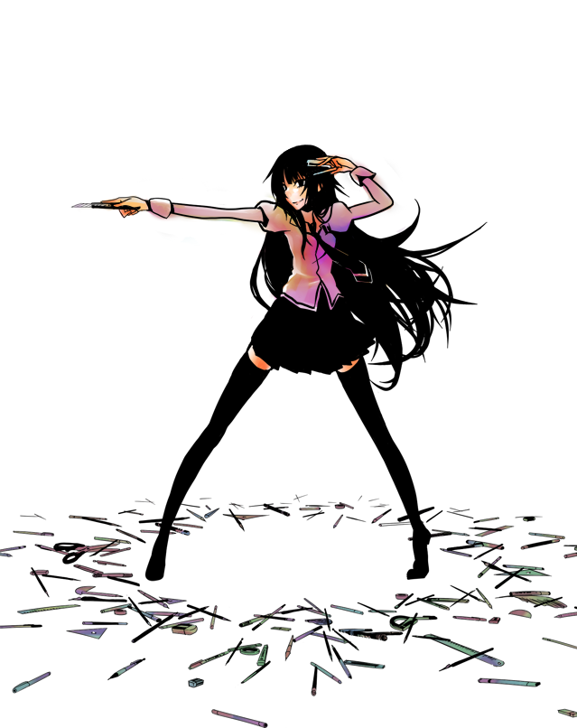 hima, senjougahara hitagi, bakemonogatari, monogatari (series), 00s, 1girl, boxcutter, female focus, full body, long hair, necktie, purple hair, school uniform, set square, skirt, solo, stapler, stationery, thighhighs, white background, zettai ryouiki