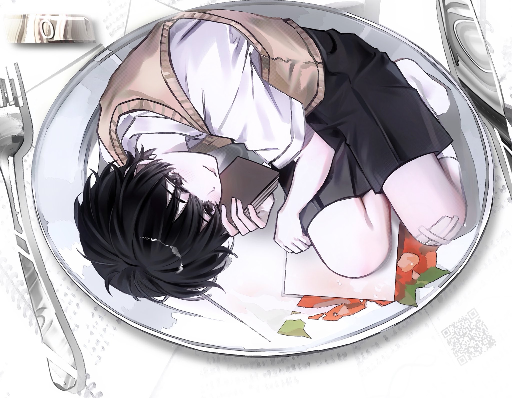 kim dokja, oldest dream, omniscient reader's viewpoint, commentary, highres, symbol-only commentary, 1boy, bandaid, bandaid on knee, bandaid on leg, black eyes, black hair, black shorts, book, chouxin233, curled up, fork, from above, full body, holding, holding book, implied cannibalism, knife, looking at viewer, male focus, plate, pov, shirt, short hair, shorts, socks, solo, utensil, vest, white shirt, white socks, yellow vest