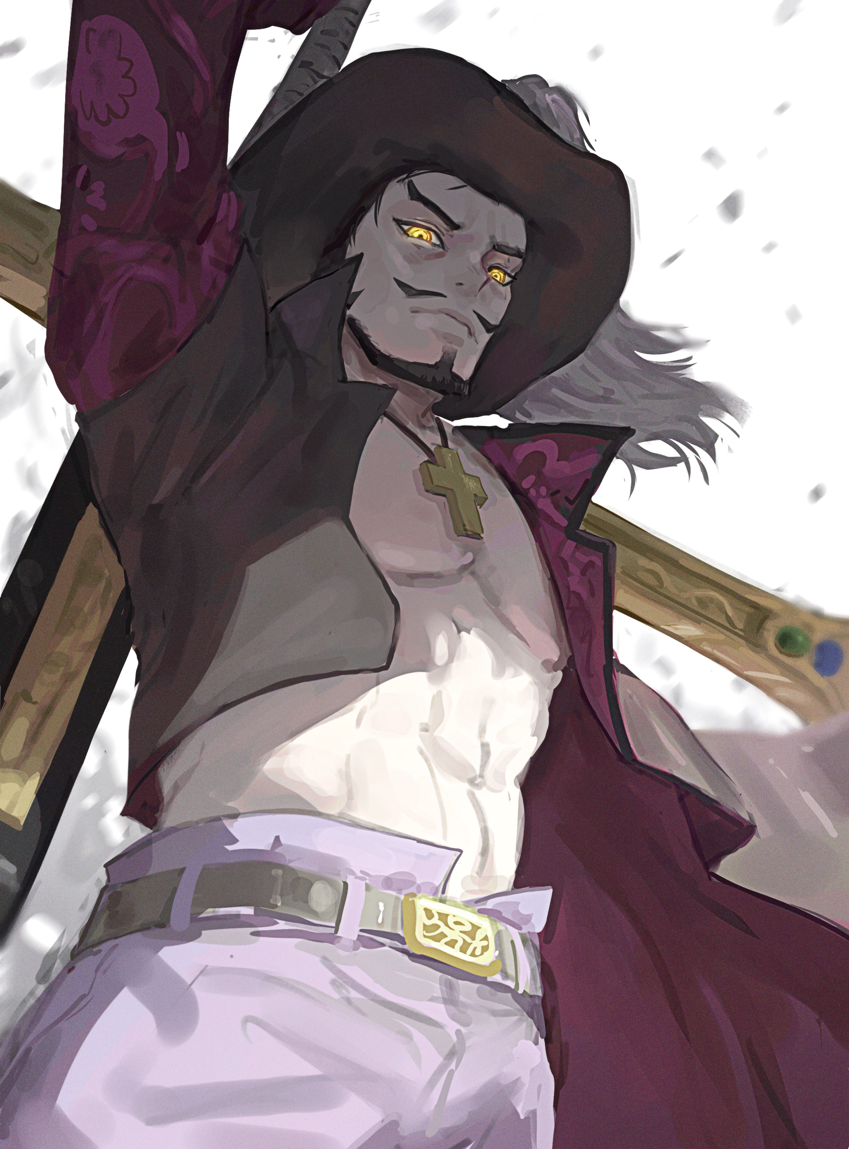 mon (icebuko), dracule mihawk, one piece, absurdres, highres, 1boy, abs, belt, black hair, closed mouth, cross pendant, facial hair, hat, hat feather, holding, holding sword, holding weapon, male focus, mustache, open mouth, ringed eyes, solo, sword, weapon, yellow eyes