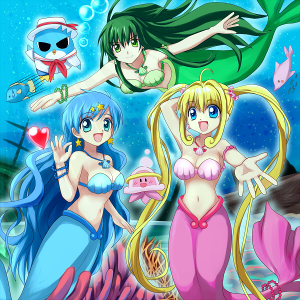 miru, hippo (mermaid melody pichi pichi pitch), houshou hanon, houshou hanon (mermaid), kura-chan, momo-chan, nanami lucia, nanami lucia (mermaid), touin rina, touin rina (mermaid), mermaid melody pichi pichi pitch, 00s, 3girls, :d, armlet, bikini, bird, blonde hair, blue eyes, blue hair, bracelet, breasts, bubble, cleavage, dolphin, fish, green eyes, green hair, hair ornament, heart, jellyfish, jewelry, long hair, mermaid, monster girl, multiple girls, necklace, open mouth, outstretched arm, pendant, penguin, seashell, shell, shell bikini, smile, star (symbol), star hair ornament, twintails, underwater