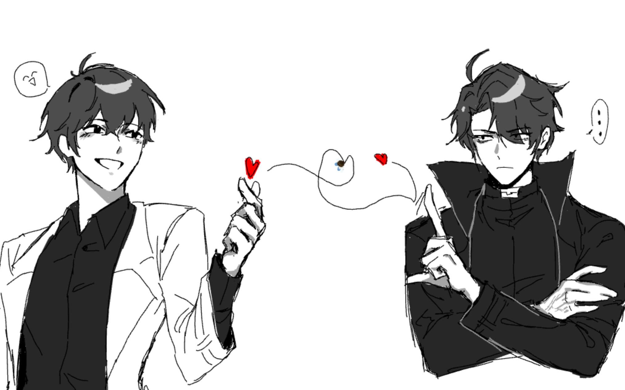 kim dokja, yoo joonghyuk, omniscient reader's viewpoint, highres, …, 2boys, :d, black coat, black hair, black shirt, coat, crossed arms, finger heart, flick, grin, looking at another, male focus, multiple boys, open clothes, open coat, open mouth, plu awk, shirt, short hair, smile, spoken ellipsis, spoken expression, upper body, white coat