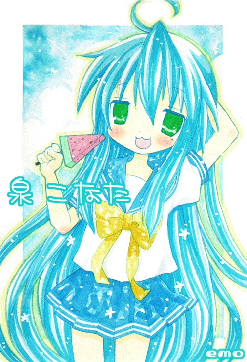 emo (artist), emo (mikan), izumi konata, lucky star, bad id, bad pixiv id, traditional media, 00s, 1girl, ahoge, blue hair, female focus, food, green eyes, long hair, mole, mole under eye, popsicle, school uniform, serafuku, solo, watermelon bar