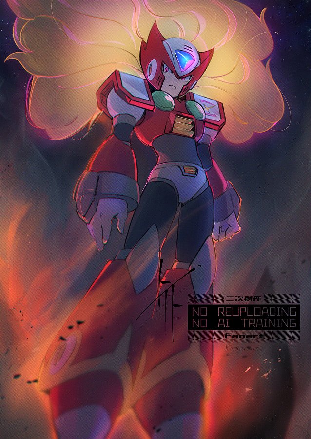 to i to io, zero (mega man), mega man (series), mega man x (series), commentary, symbol-only commentary, 1boy, android, armor, aura, blonde hair, chest jewel, floating hair, forehead jewel, full body, helmet, long hair, male focus, midair, purple eyes, red armor, red helmet, solo, watermark