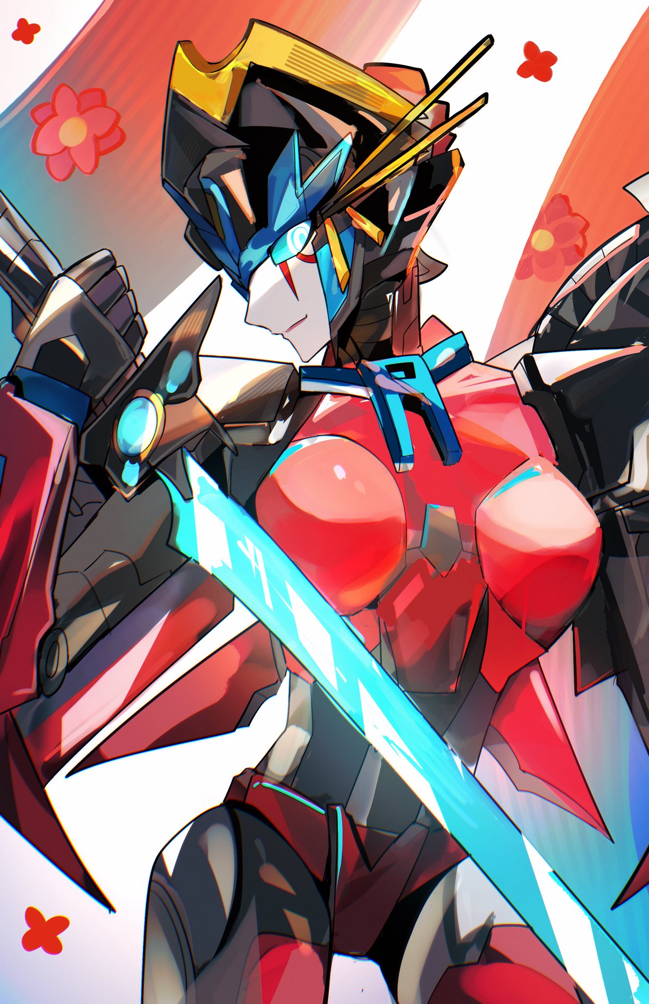 lemon ms1, windblade, the transformers (idw), transformers, highres, 1girl, airplane wing, beam weapon, blue eyes, breasts, energy sword, geisha, holding beam saber, humanoid robot, mechanical wings, medium breasts, metal skin, robot, robot girl, sword, weapon, wings