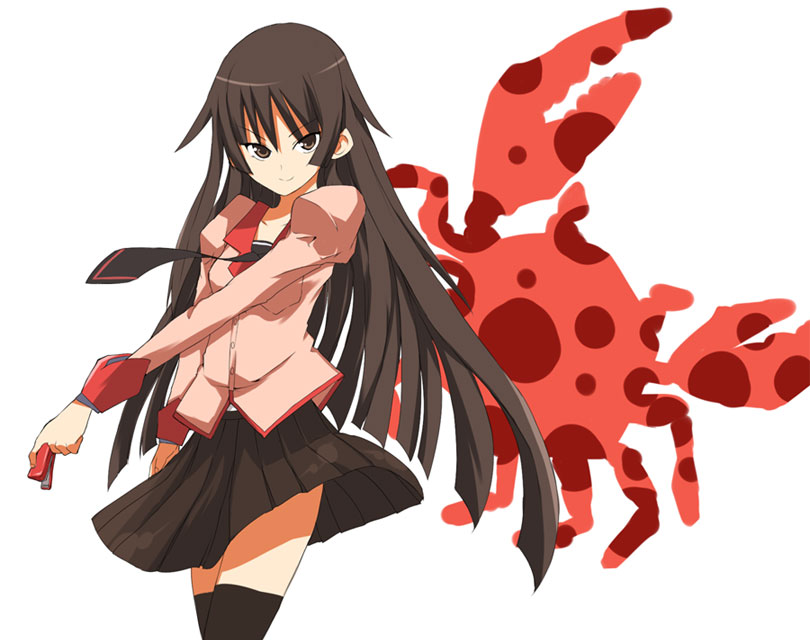 maro nie, maronie, senjougahara hitagi, bakemonogatari, monogatari (series), 00s, 1girl, female focus, long hair, necktie, purple hair, school uniform, skirt, solo, stapler, thighhighs, zettai ryouiki