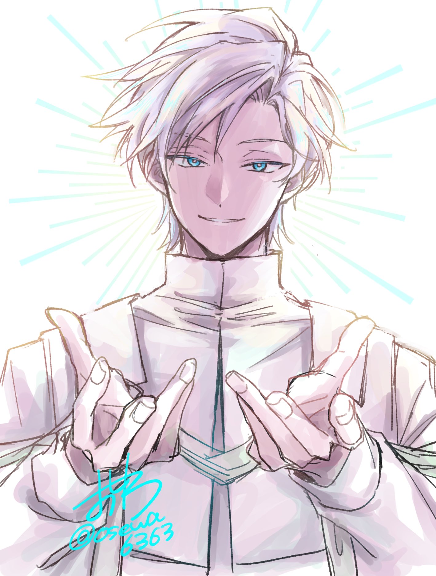 cale henituse, lout of count's family, commentary, highres, symbol-only commentary, 1boy, blue eyes, jacket, long sleeves, looking at viewer, male focus, open hands, osewa6363, parted lips, priest, robe, shirt, short hair, simple background, smile, solo, upper body, white background, white hair, white jacket, white shirt