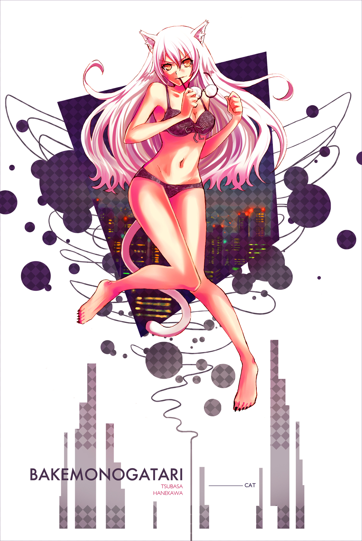 ochakai shin'ya, black hanekawa, hanekawa tsubasa, bakemonogatari, monogatari (series), nekomonogatari, alternate breast size, highres, spoilers, 00s, 10s, 1girl, animal ears, barefoot, black bra, black panties, bow, bow bra, bow panties, bra, breasts, cat ears, cat girl, cat tail, city, cleavage, feet, female focus, full body, glasses, holding, holding removed eyewear, legs, lingerie, long hair, medium breasts, mouth hold, navel, nipples, panties, sharp toenails, solo, tail, toenails, underwear, underwear only, unworn eyewear, white hair, yellow eyes