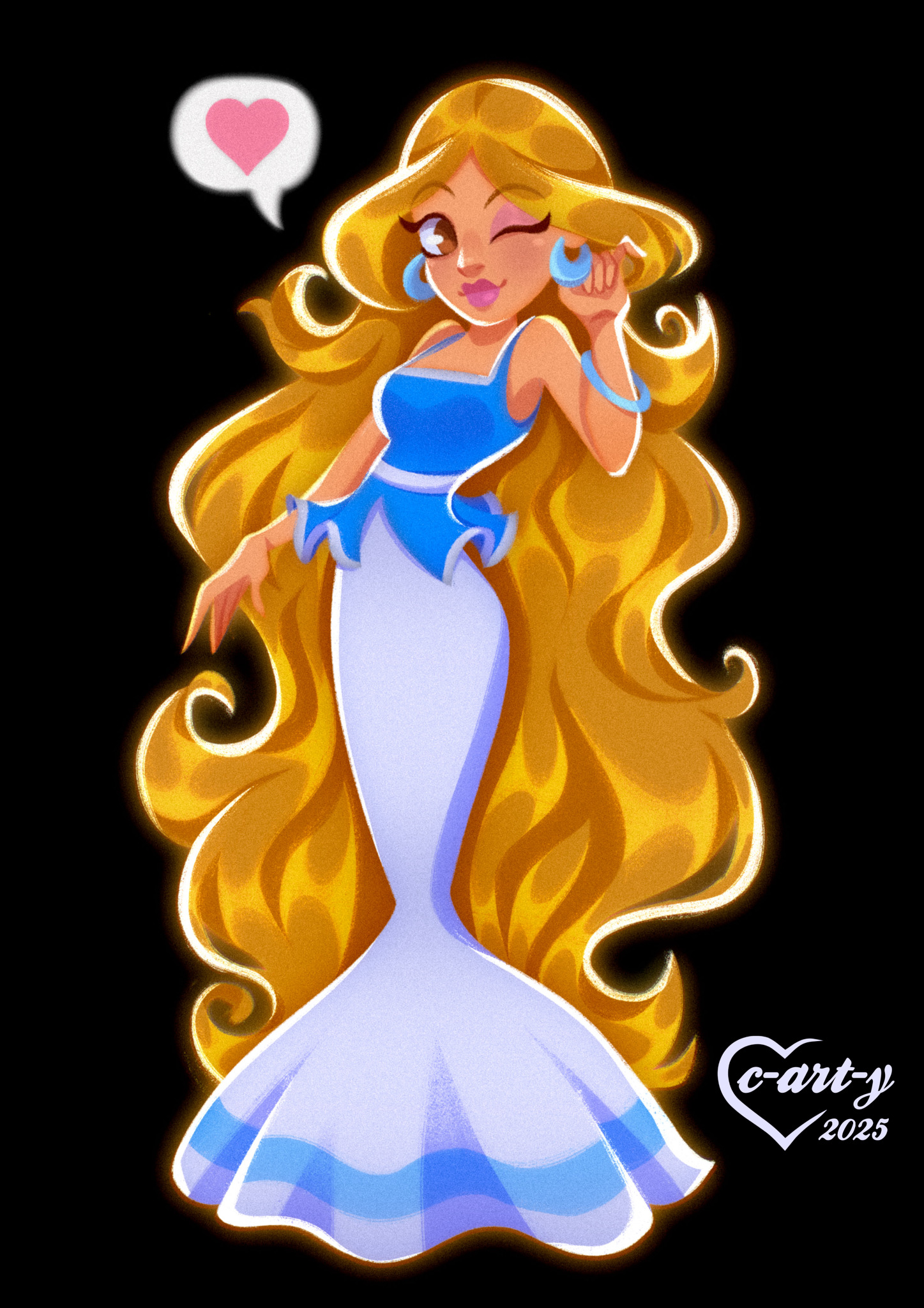 c-art-y, asterix and obelix, commentary, highres, symbol-only commentary, 1girl, black background, blonde hair, bracelet, brown eyes, earrings, eyeshadow, full body, heart, jewelry, long hair, makeup, one eye closed, panacea (asterix and obelix), pink lips, simple background, smile, solo, spoken heart, very long hair, watermark, wavy hair